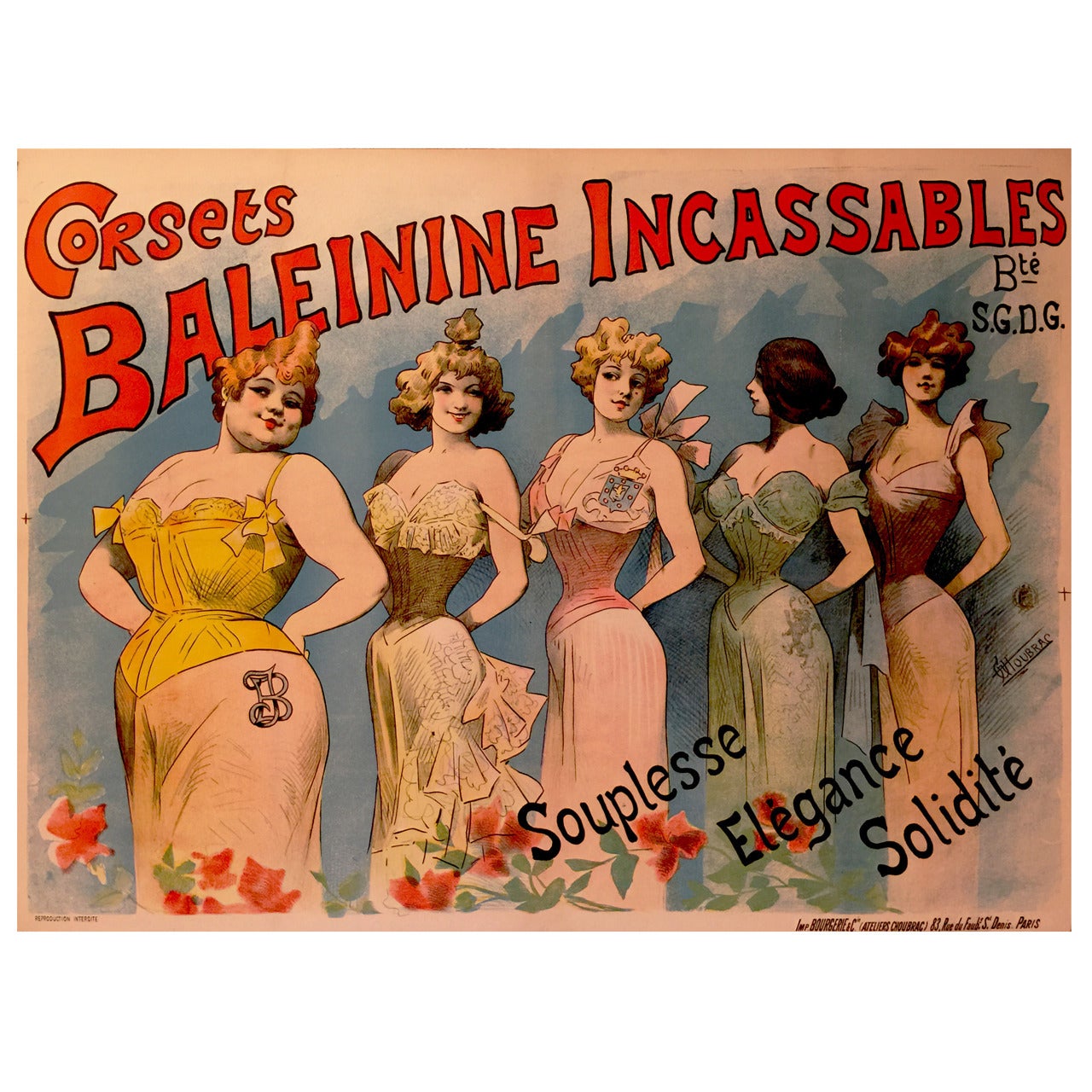 Belle Époque Period French Poster for Corsets Baleinine by Alfred Choubrac For Sale
