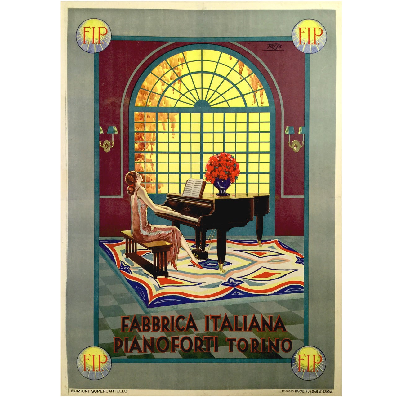 Italian Art Nouveau Period Poster for Fabric Italiana Pianoforte For Sale