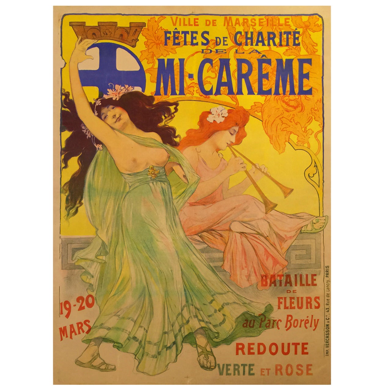 Rare Art Nouveau Period French Advertising Poster for a Festival in Marseille For Sale