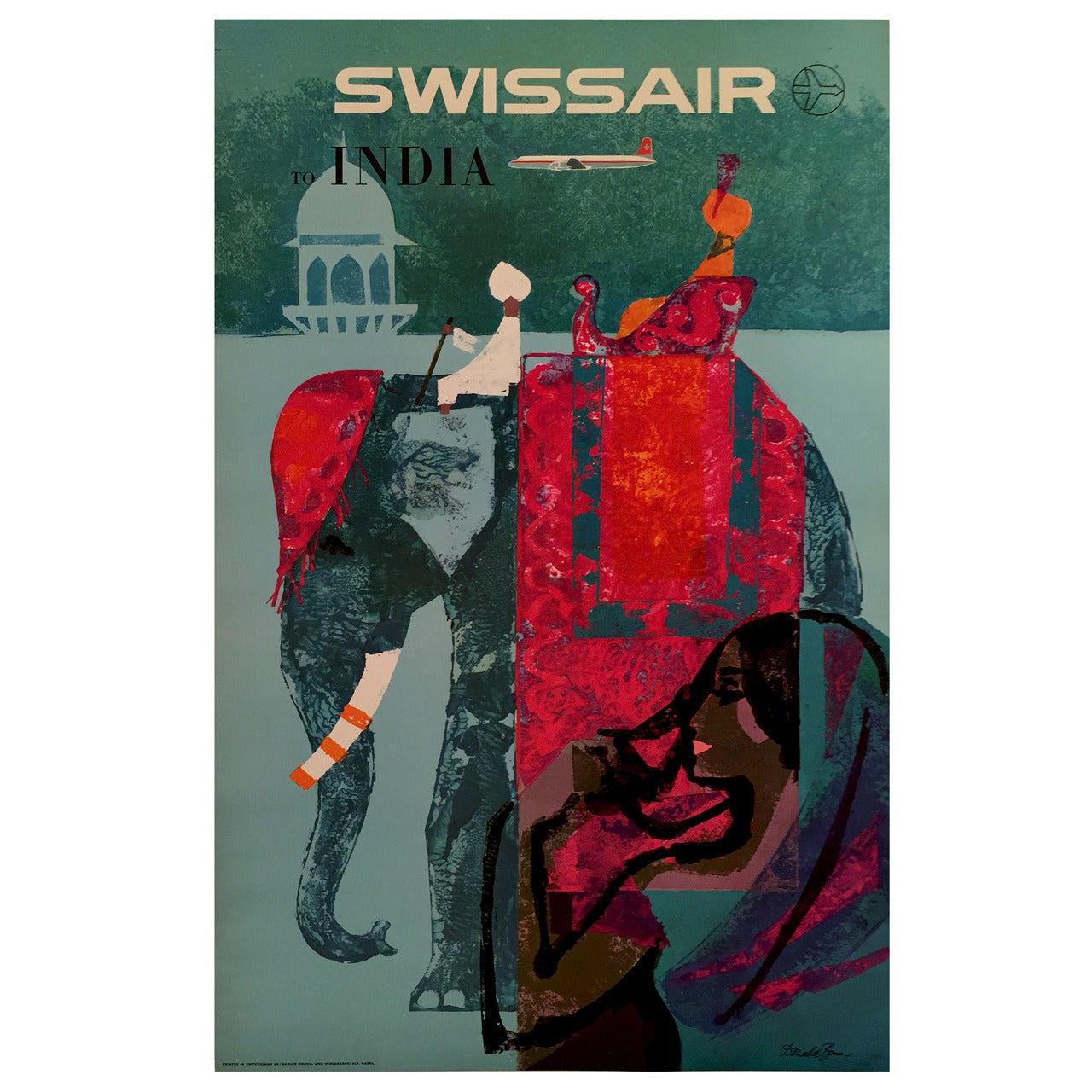 Swiss Mid-Century Modern Period Travel Poster to India by Donald Brun