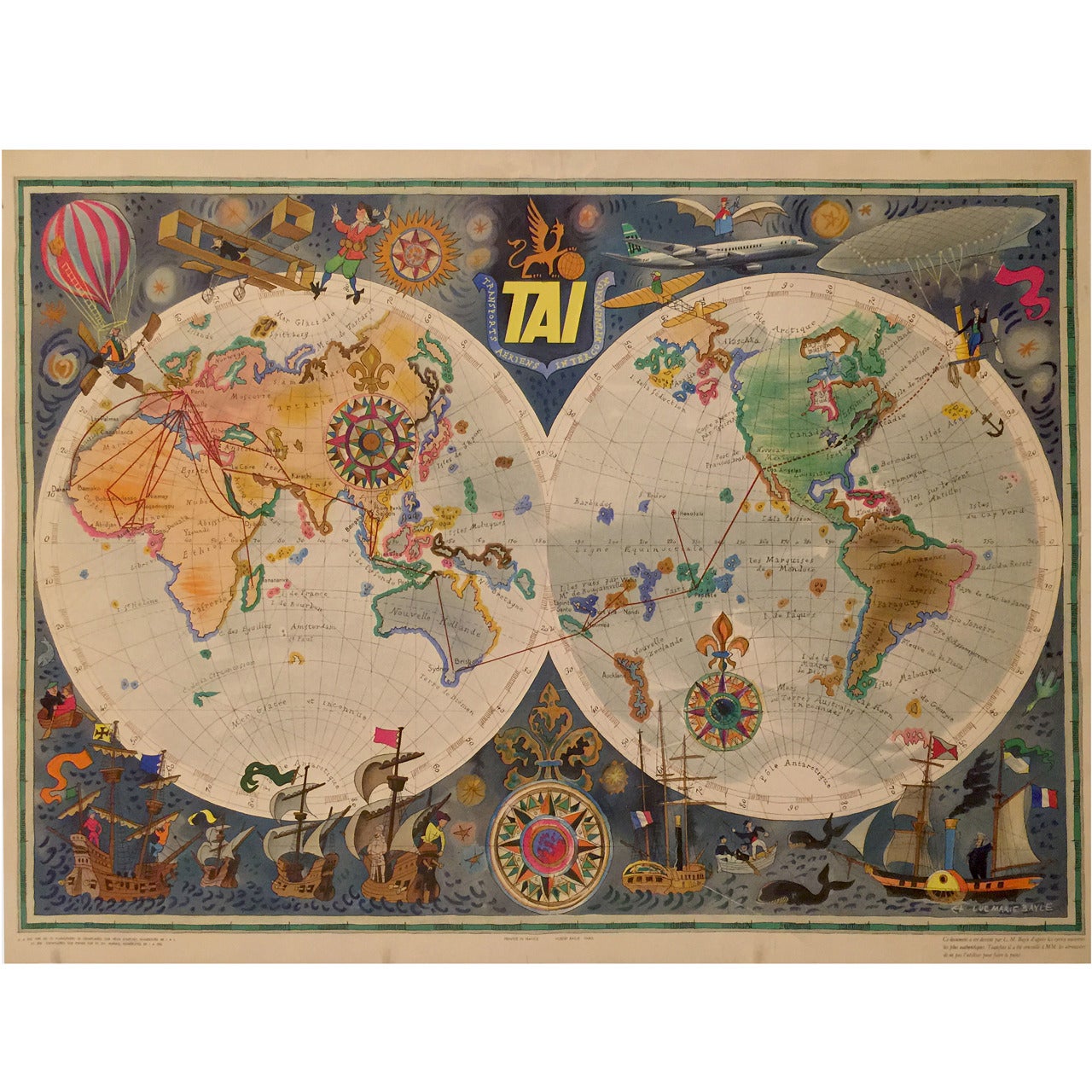 French Mid-Century Modern Period TAI World Map by Luc-Marie Bayle at 1stDibs