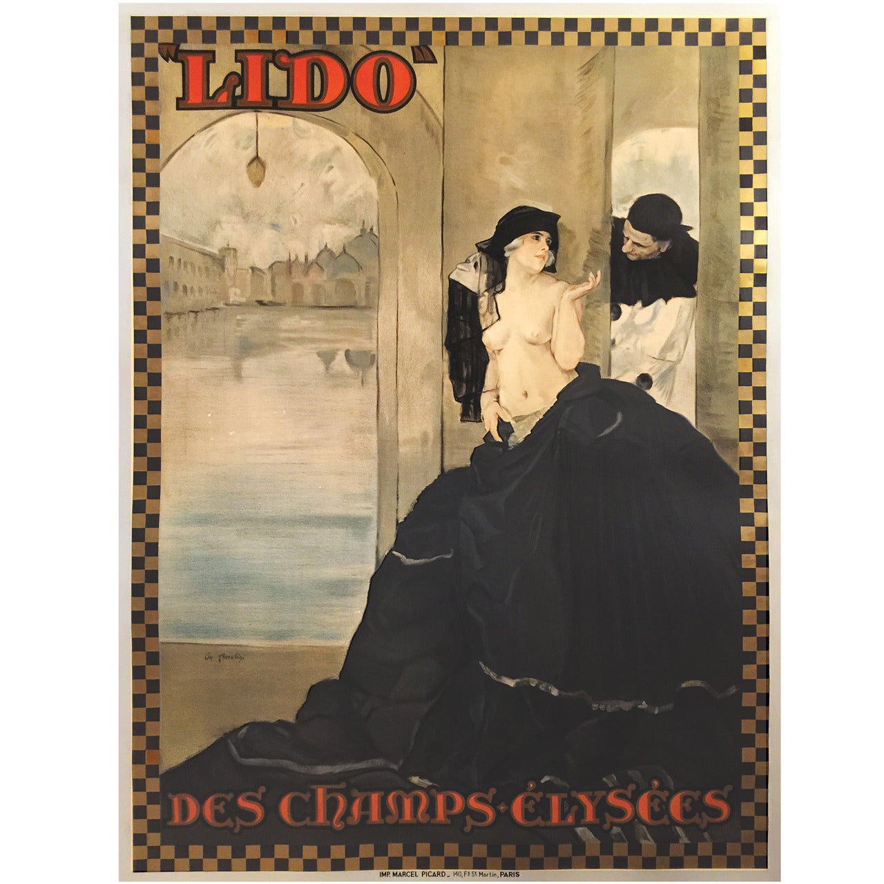 French Art Nouveau Period Poster Le Lido Des Champs-ElyseéS by Carlo Cherubini For Sale
