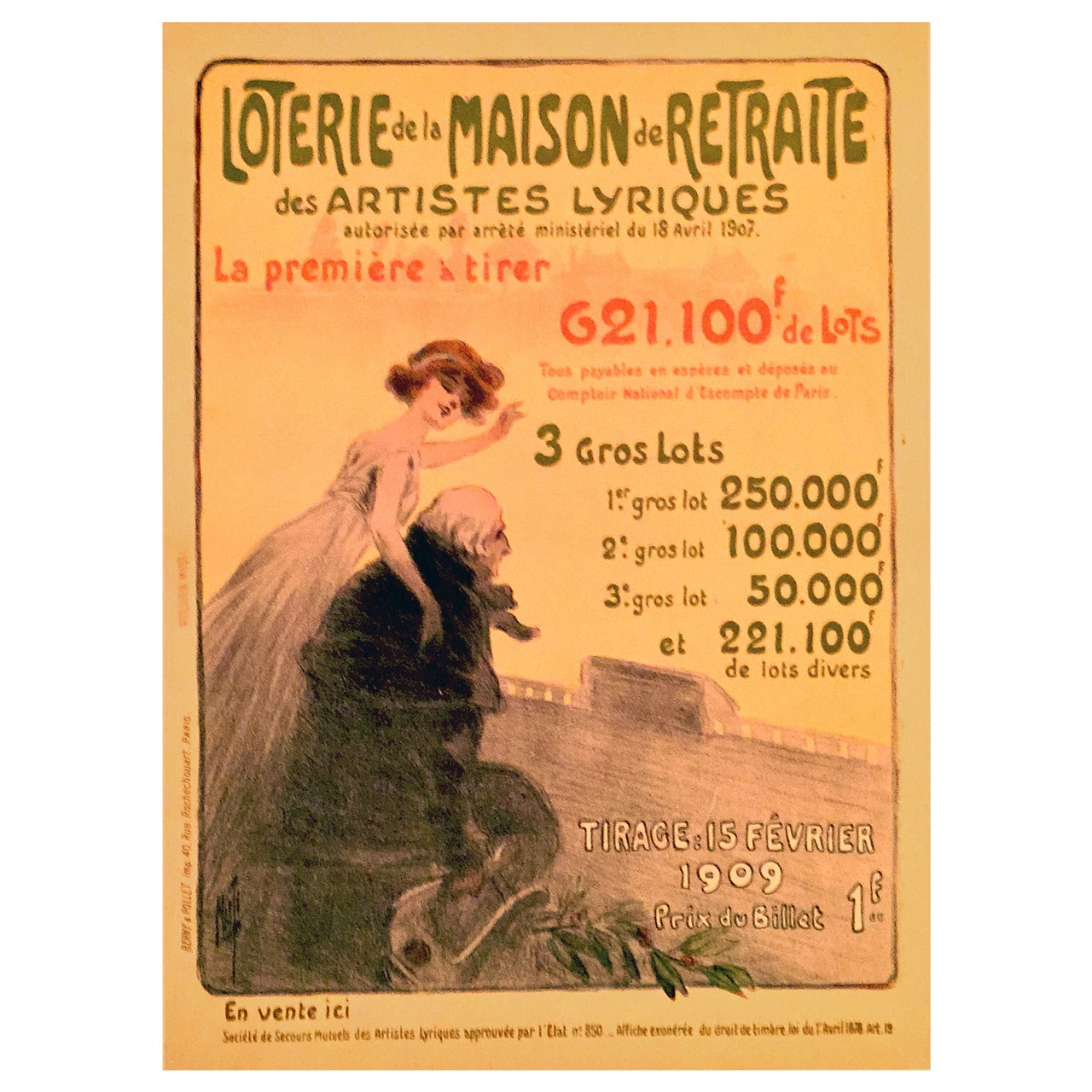 French Art Nouveau Period Poster for the Loterie de la Maison de Retrai, 1909 For Sale
