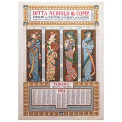 Antique Italian Art Nouveau Period Advertising Poster and Calendar, 1904