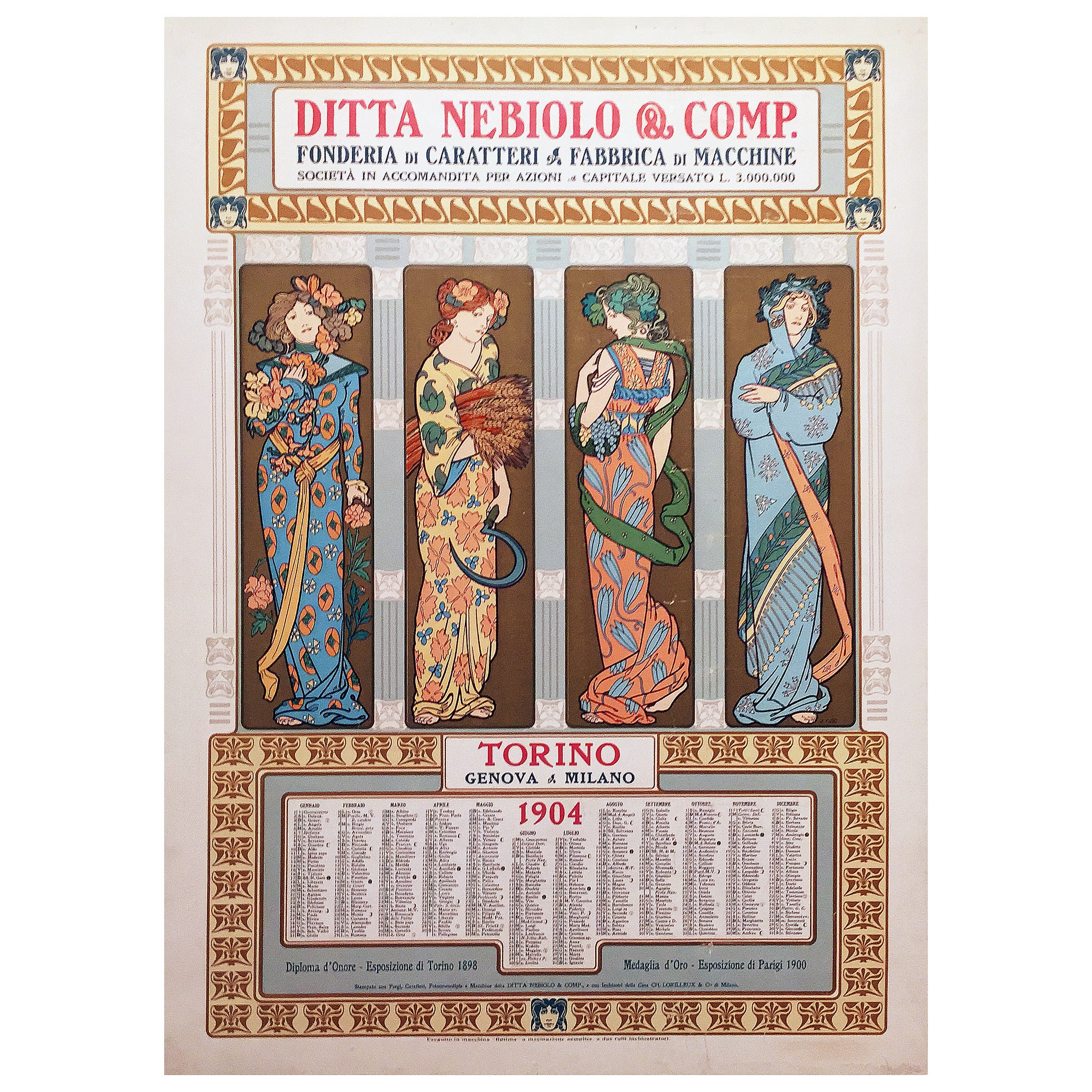 Italian Art Nouveau Period Advertising Poster and Calendar, 1904 For Sale