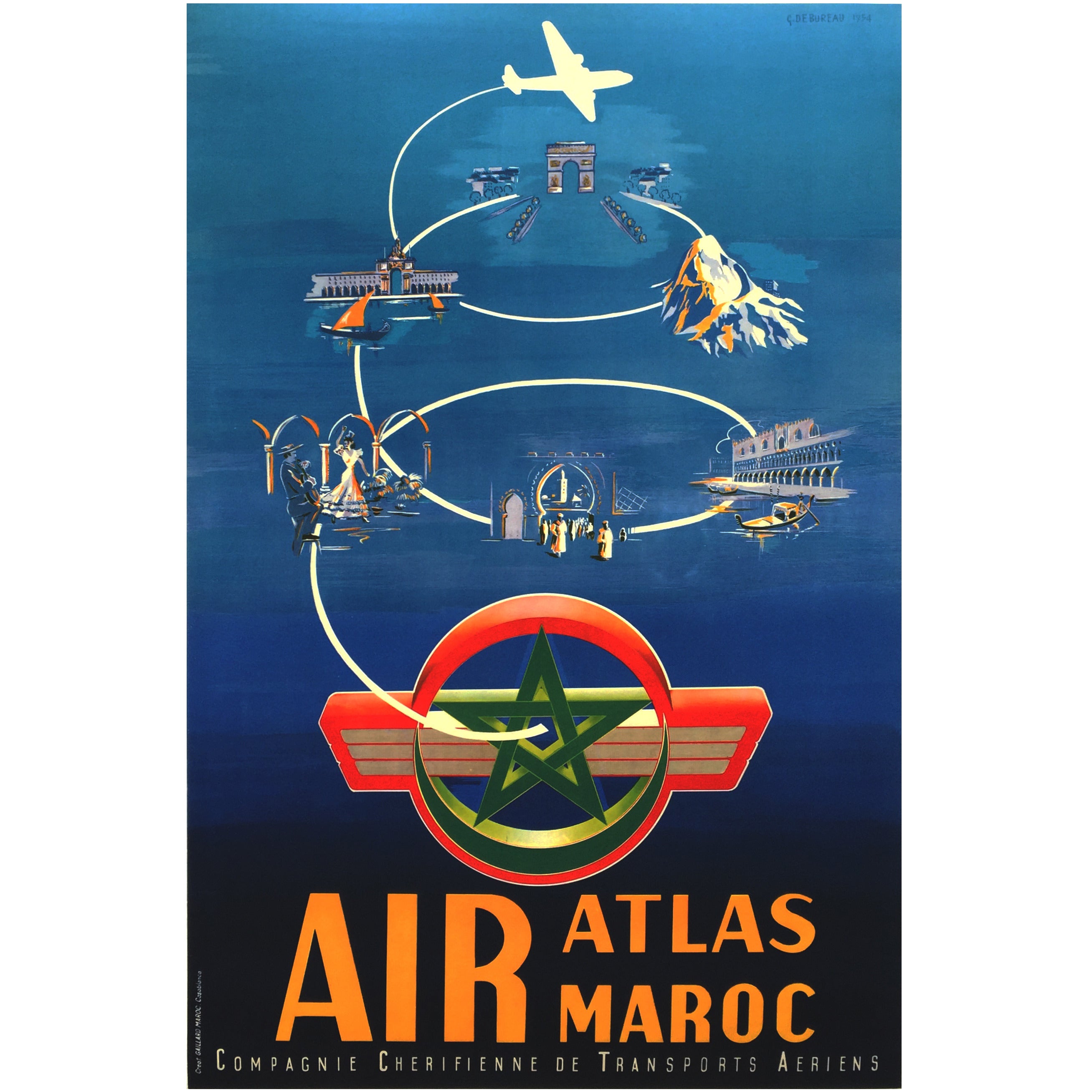 Mid-Century Modern Period Travel Poster for Air Maroc, 1954 For Sale