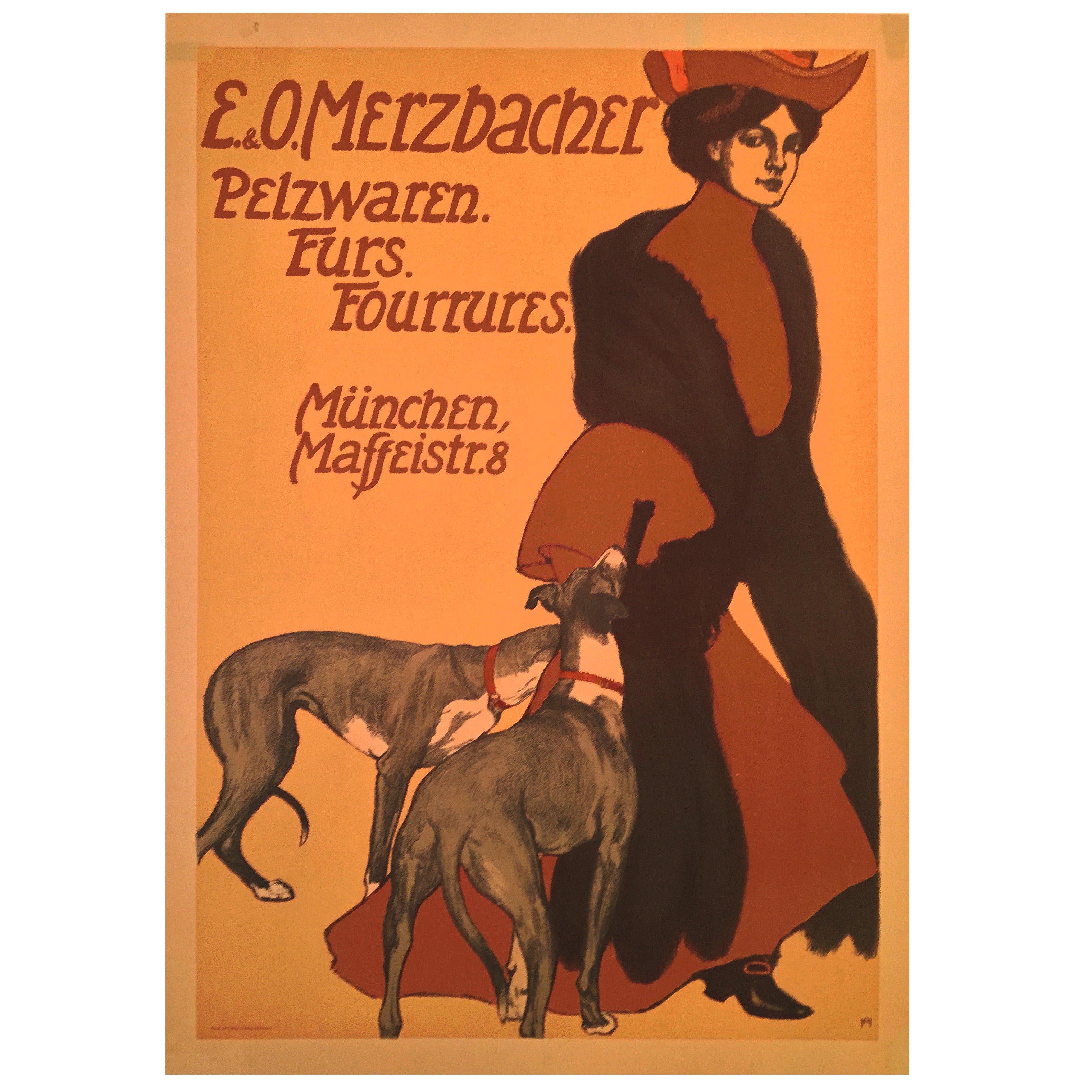 German Art Nouveau Period Advertising Poster for E.O. Merzbacher by Hofer, 1906 For Sale