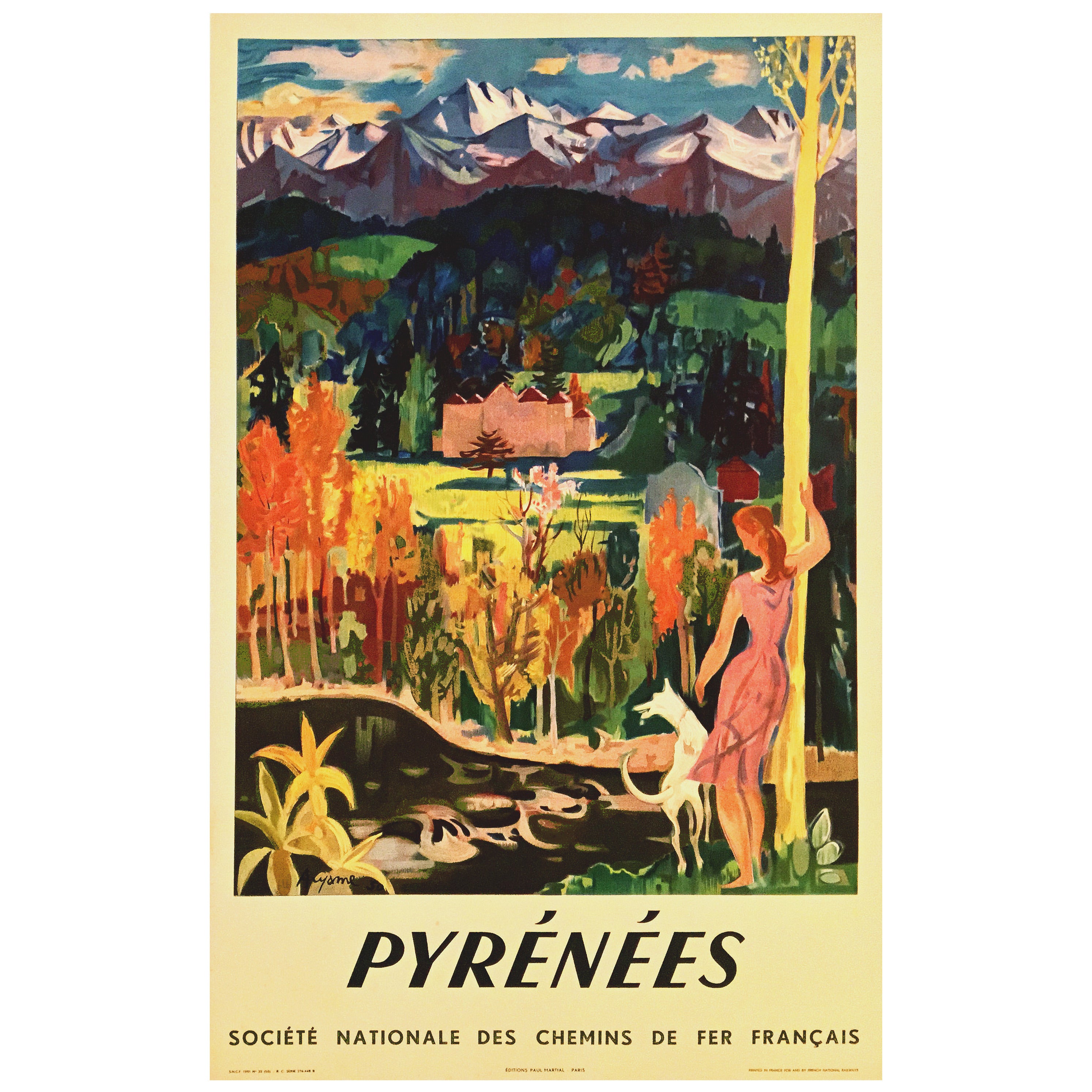 Mid-Century Modern Period French Travel Poster for SNCF to the Pyrenees For Sale