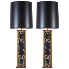 A Pair of Teak and Ceramic Tile Table Lamps in the Style of Martz or Capron
