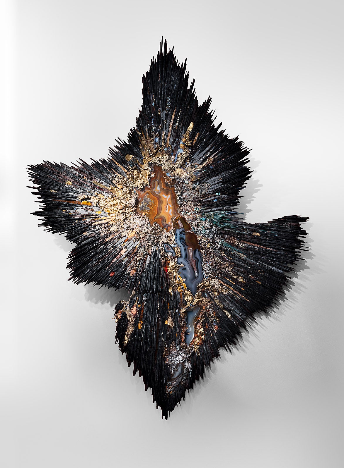 Béatrice Serre 2015, Wall Sculpture « Big Bang  » Black  and Grey  Slate, Golden Enamels, Silver Enamels, Opal, Bronze, Brass, Copper, Agates, Tiger Eye,  Gold, Chrysocolle, Murano Glass, Opaline, 143 X 110 cm, Dated and signed, Unique