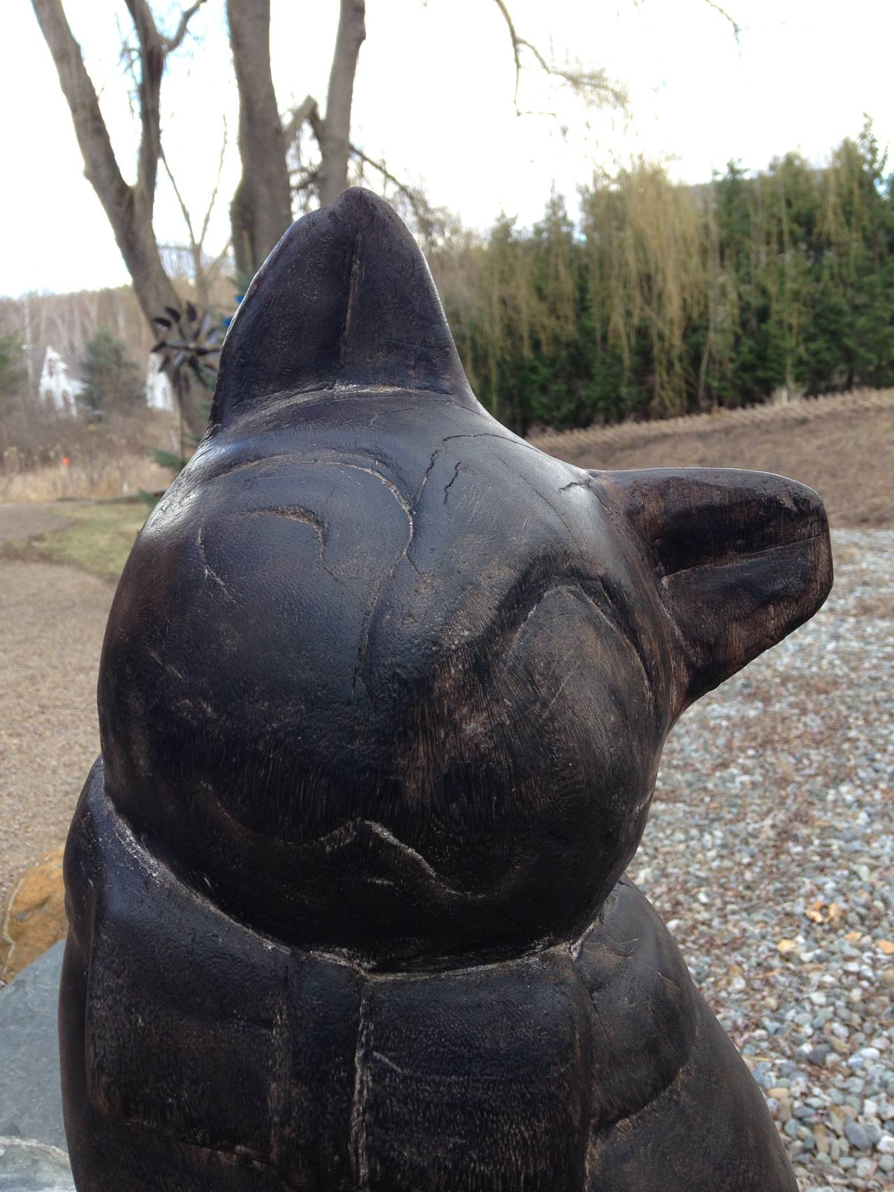 Carved Siam, a Monumental Wooden Sitting Feline Cat Sculpture