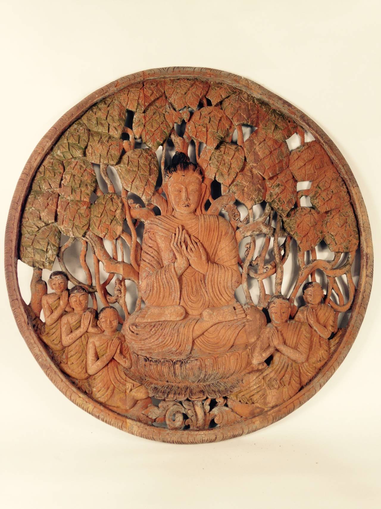 Burma, Mandalay, Round Polychrome Wooden Panel of the Lord Buddha and Attendants