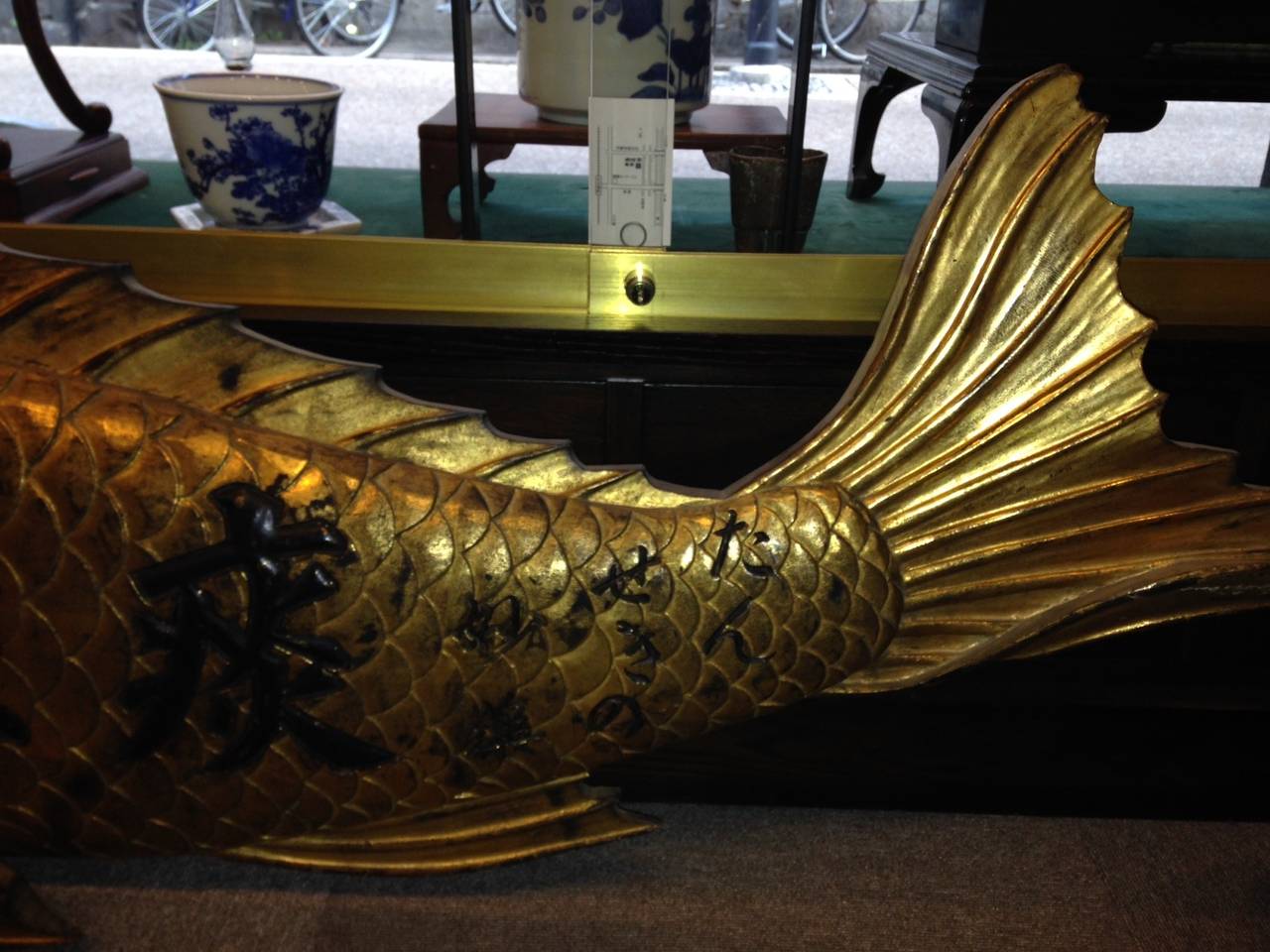 Japanese Monumental Antique Hand carved Hand  Gilt KOI Fish Sign Kanban, 19c  In Good Condition In South Burlington, VT