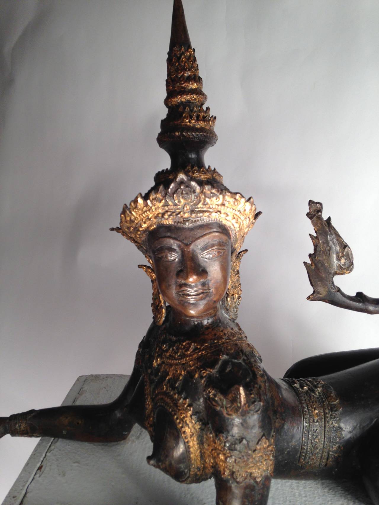 19th Century Thailand Antique Gilt Bronze Effigy of Kinnaris Mythical Lover of Dance Music