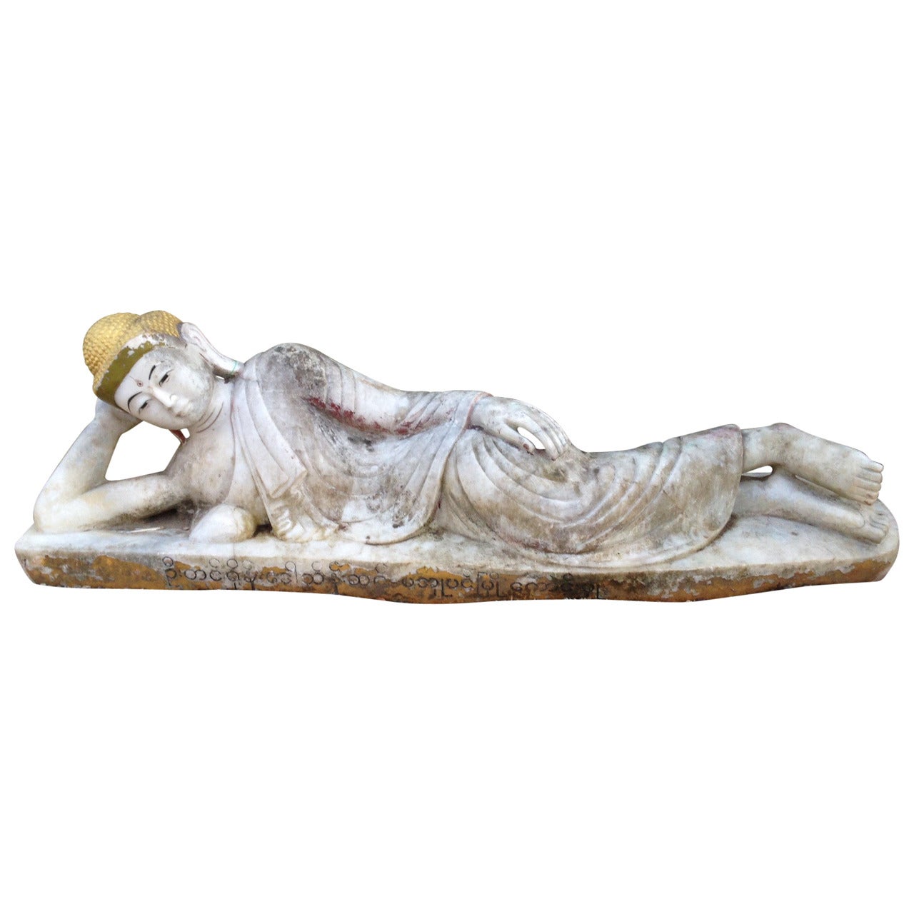 Burma Monumental Alabaster Stone Reclining Buddha 19th Century, Signed