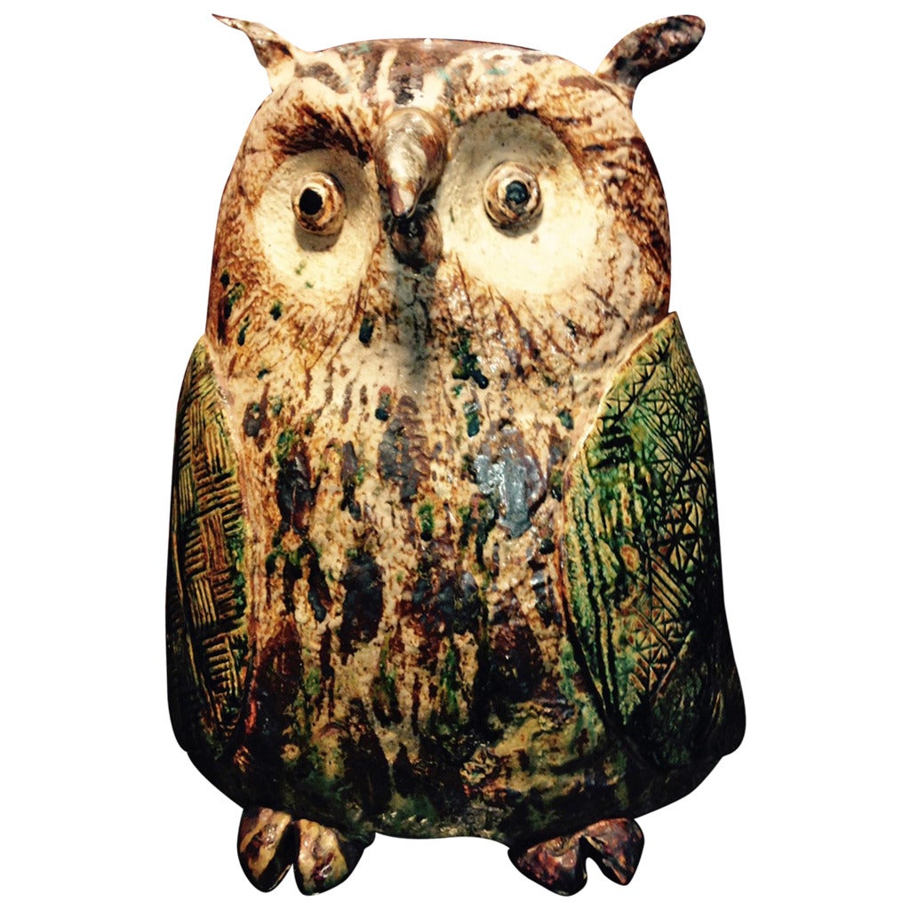 Japanese Large Glazed Stoneware Effigy of an Owl, Mid-20th Century