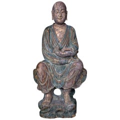 China Important Ancient Hand-Carved Lohan Monk Buddha with Canine Ming 1368-1644