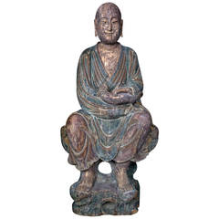 China Important Ancient Hand-Carved Lohan Monk Buddha with Canine Ming 1368-1644 1