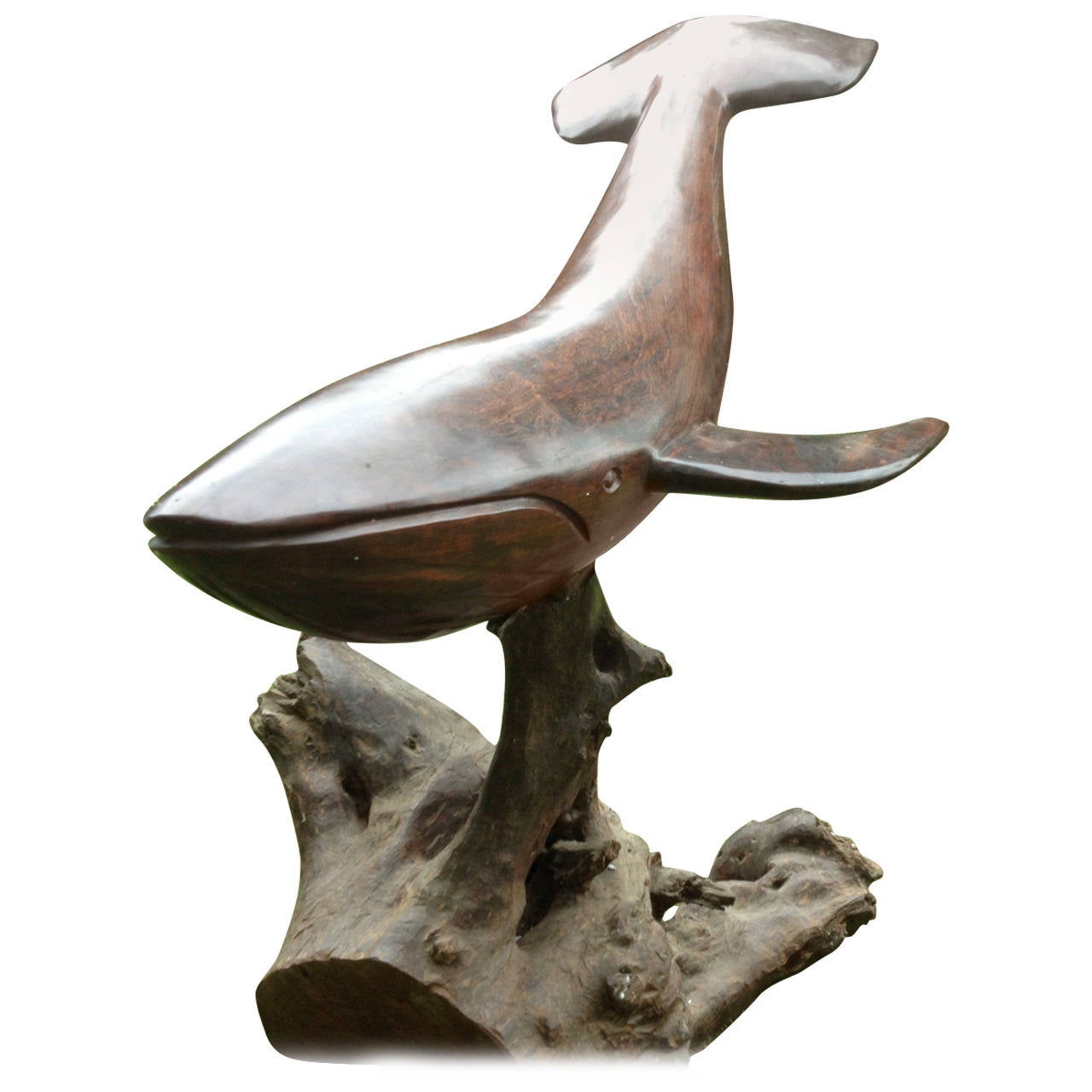 America’s, a monumental carved wooden whale, early to mid-20th century.
The large simply carved mammal fashioned from a heavy, dense ironwood and sitting atop a separate natural root wood base, both with patina from appropriate age. Total