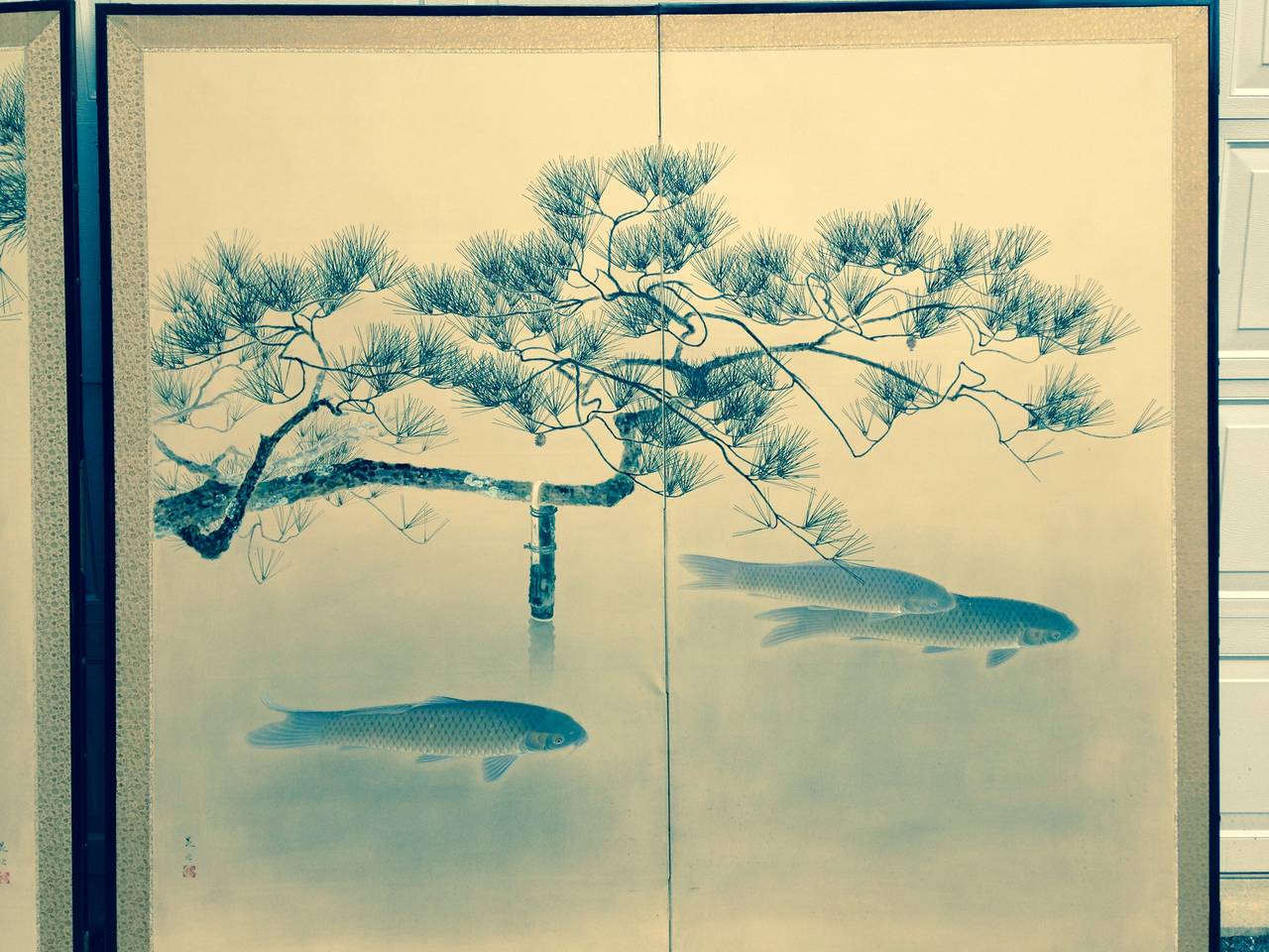 Japonisme Japan, Antique Pair of Two-Panel Screens Byobu Depicting Koi