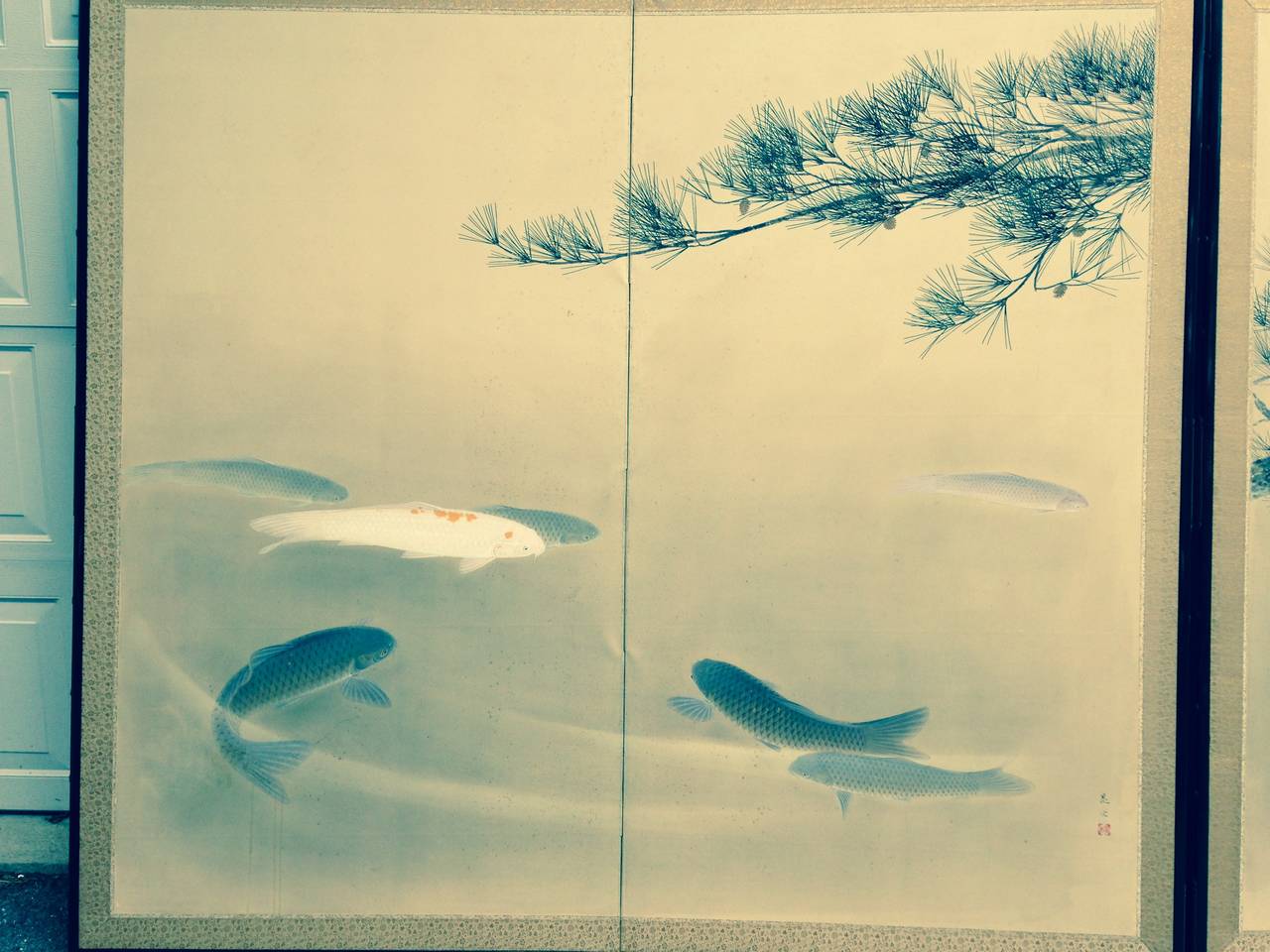 Japanese Japan, Antique Pair of Two-Panel Screens Byobu Depicting Koi