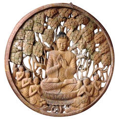 Antique Burma, Mandalay, Round Polychrome Wooden Panel of the Lord Buddha and Attendants