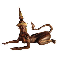Thailand Antique Gilt Bronze Effigy of Kinnaris Mythical Lover of Dance Music