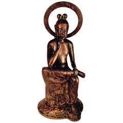 Japan Fine & Elegant Antique Bronze Seated Kannon Maitreya Beautiful face