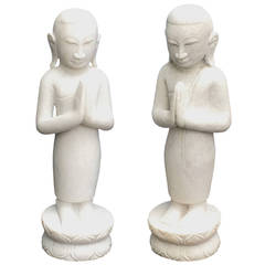 Burmese Alabaster early-mid 20th c. Buddhist attendants in Worshipful Pose