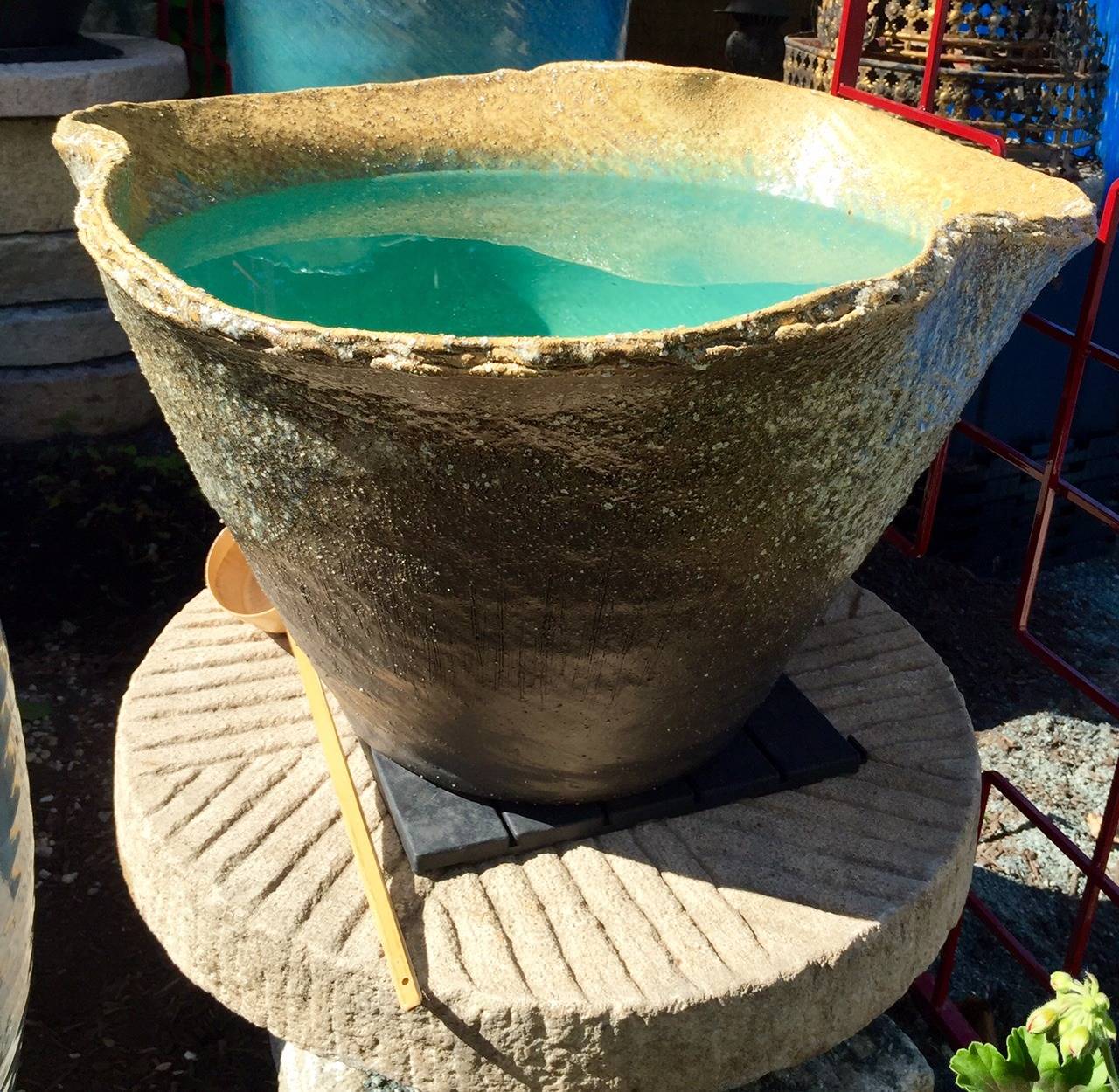Japanese Beautiful Blue Glazed hand thrown Long Life  planter water vessel In Excellent Condition In South Burlington, VT