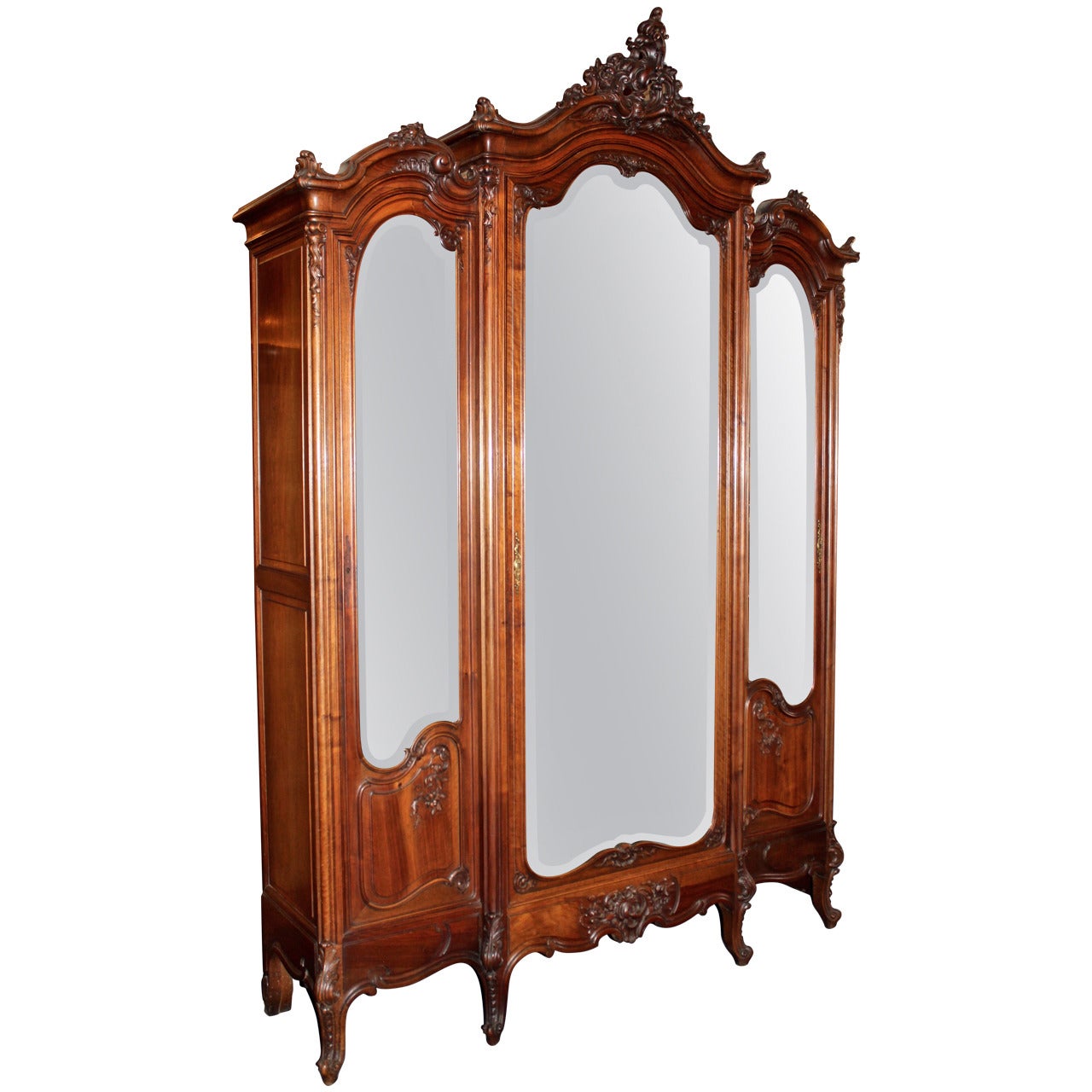 Louis XV French Mirrored Triple Door Armoire For Sale