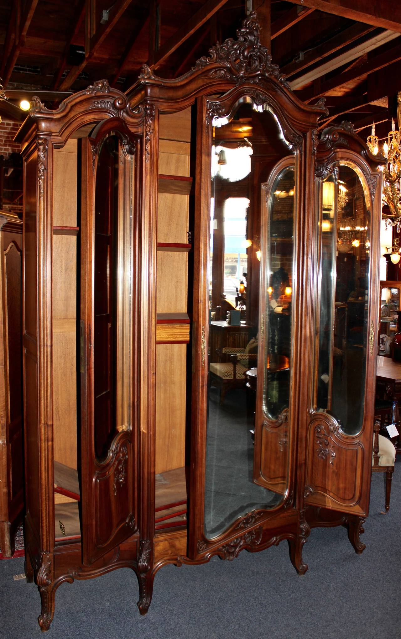 20th Century Louis XV French Mirrored Triple Door Armoire For Sale