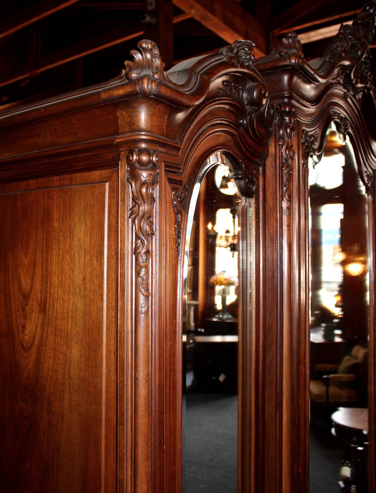 Hand-Carved Louis XV French Mirrored Triple Door Armoire For Sale