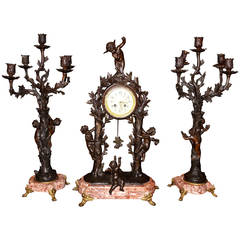 Three-Piece French Spelter on Marble Clock Set