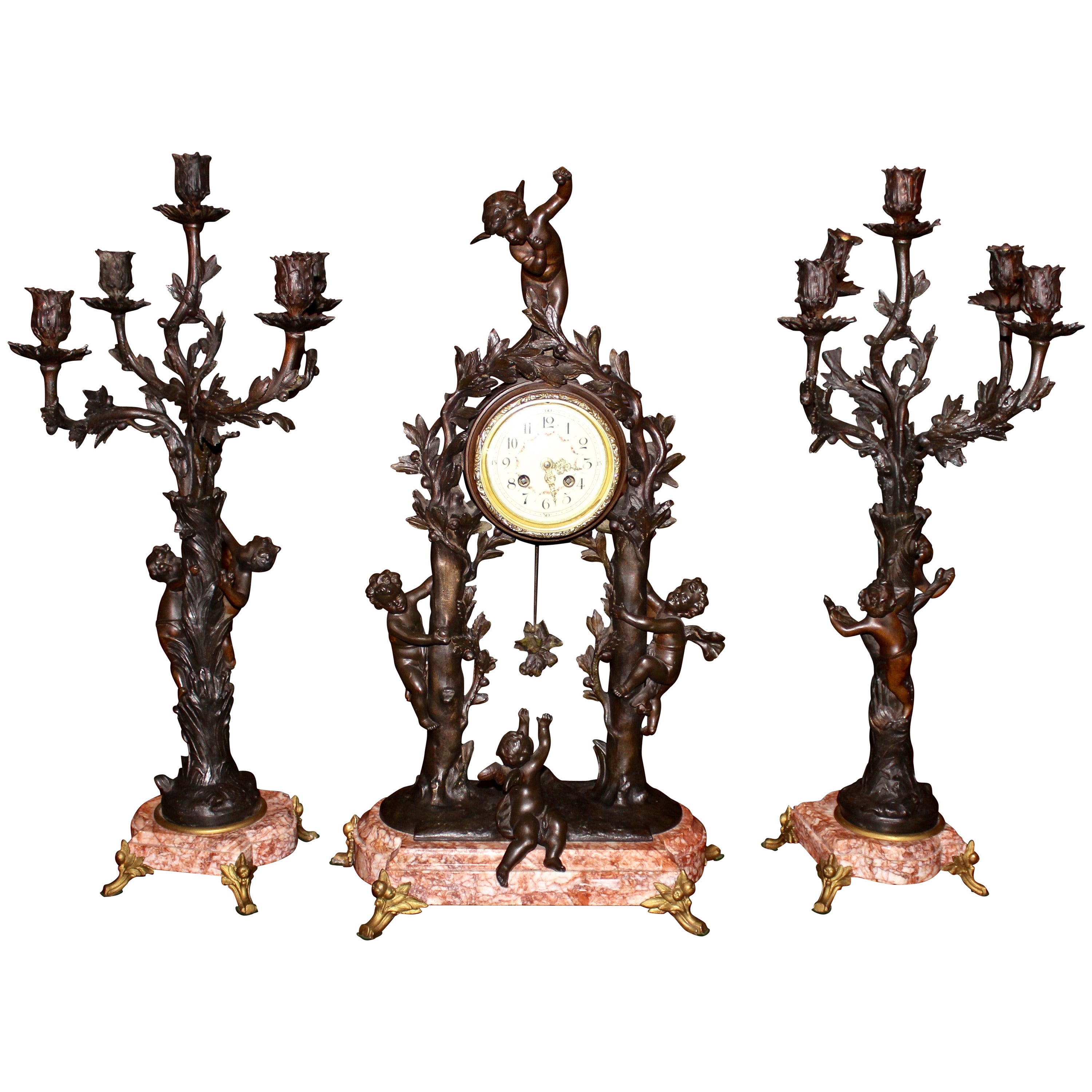 Three-Piece French Spelter on Marble Clock Set For Sale
