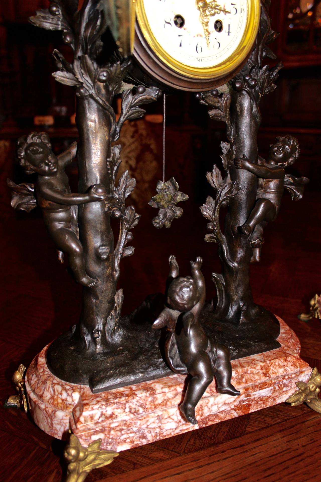 Three-Piece French Spelter on Marble Clock Set In Good Condition For Sale In Santa Ana, CA