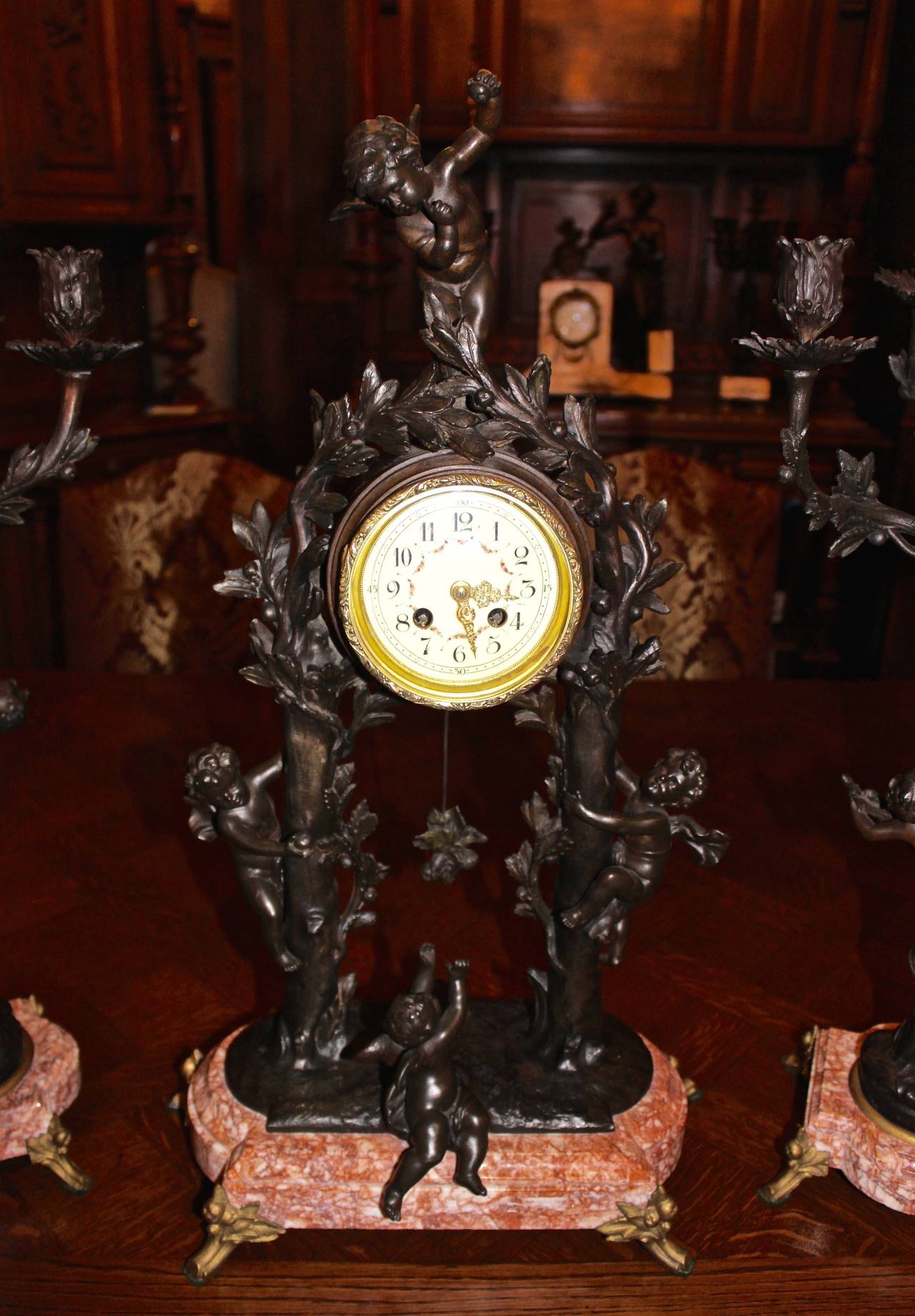 Three-Piece French Spelter on Marble Clock Set For Sale 1