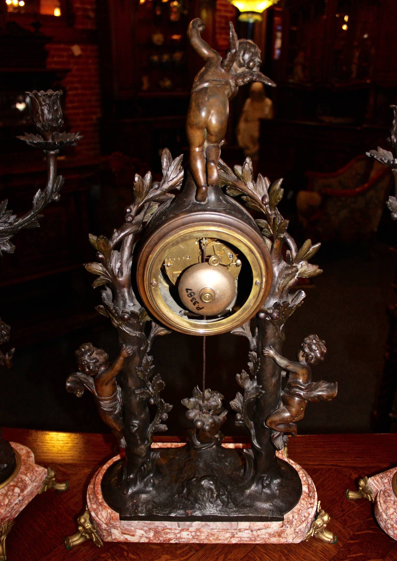 Three-Piece French Spelter on Marble Clock Set For Sale 4