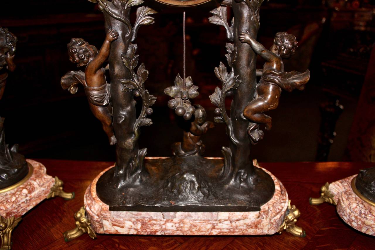 Three-Piece French Spelter on Marble Clock Set For Sale 5