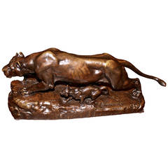 Isidore-Jules Bonheur Bronze Sculpture of Panther with Cubs
