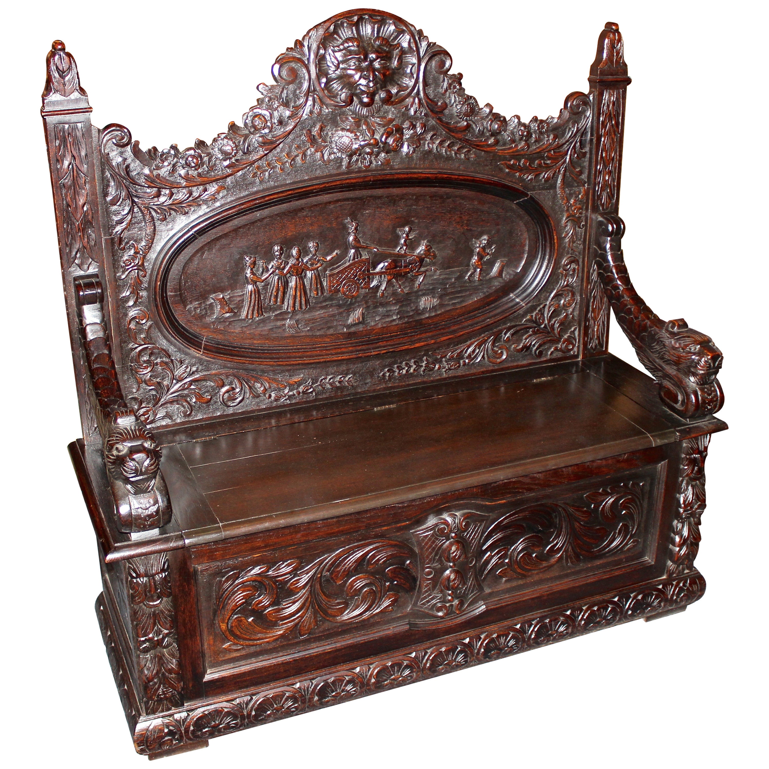 Belgian Oak Heavily Carved Hall Bench For Sale