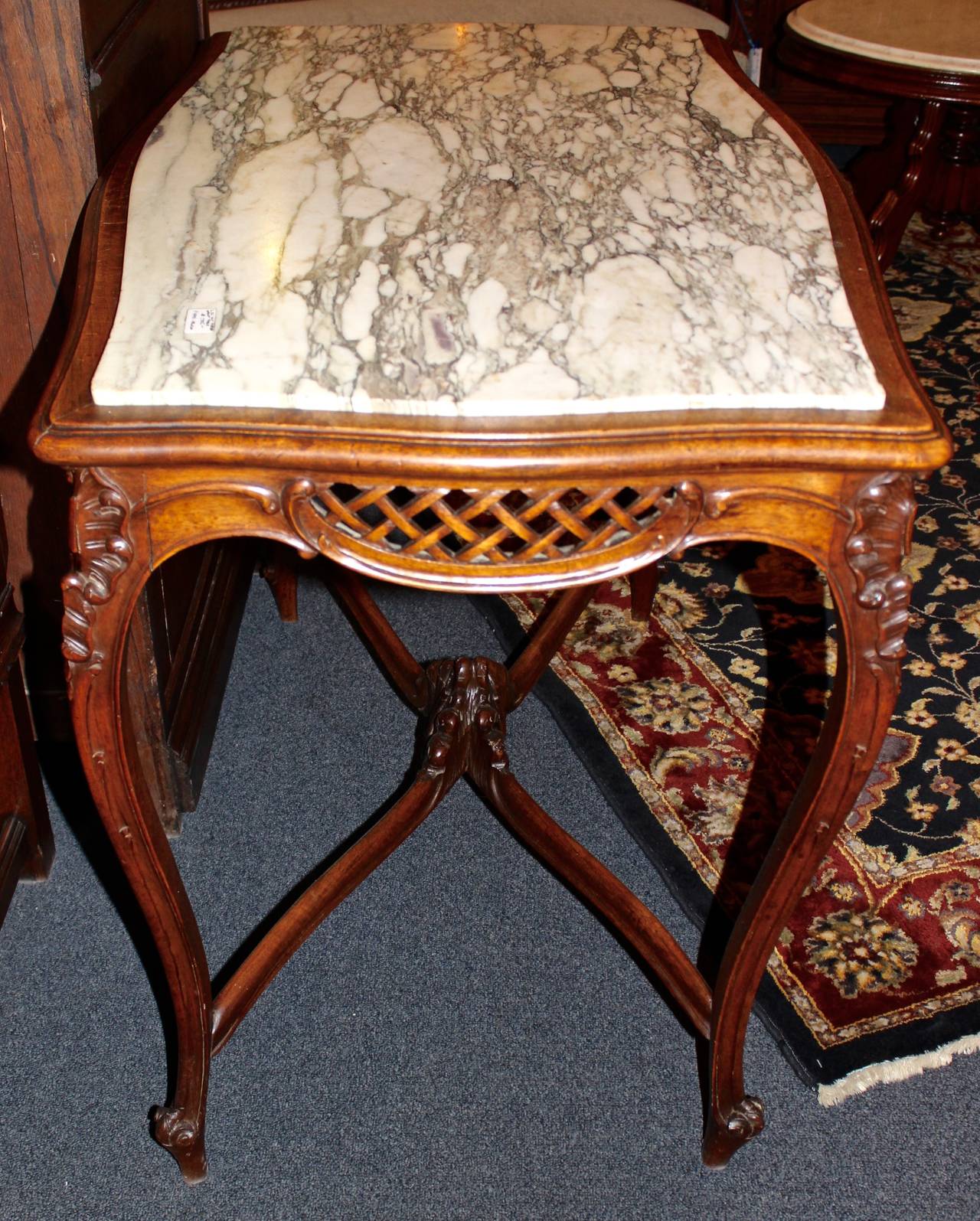Hand-Carved French Louis XV Style Marble-Top Library Table For Sale