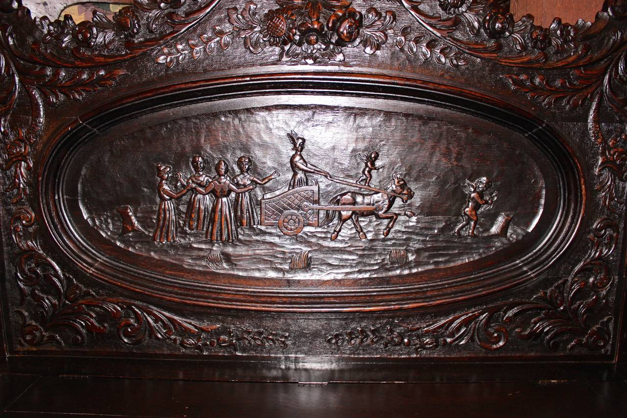 Hand-Carved Belgian Oak Heavily Carved Hall Bench For Sale
