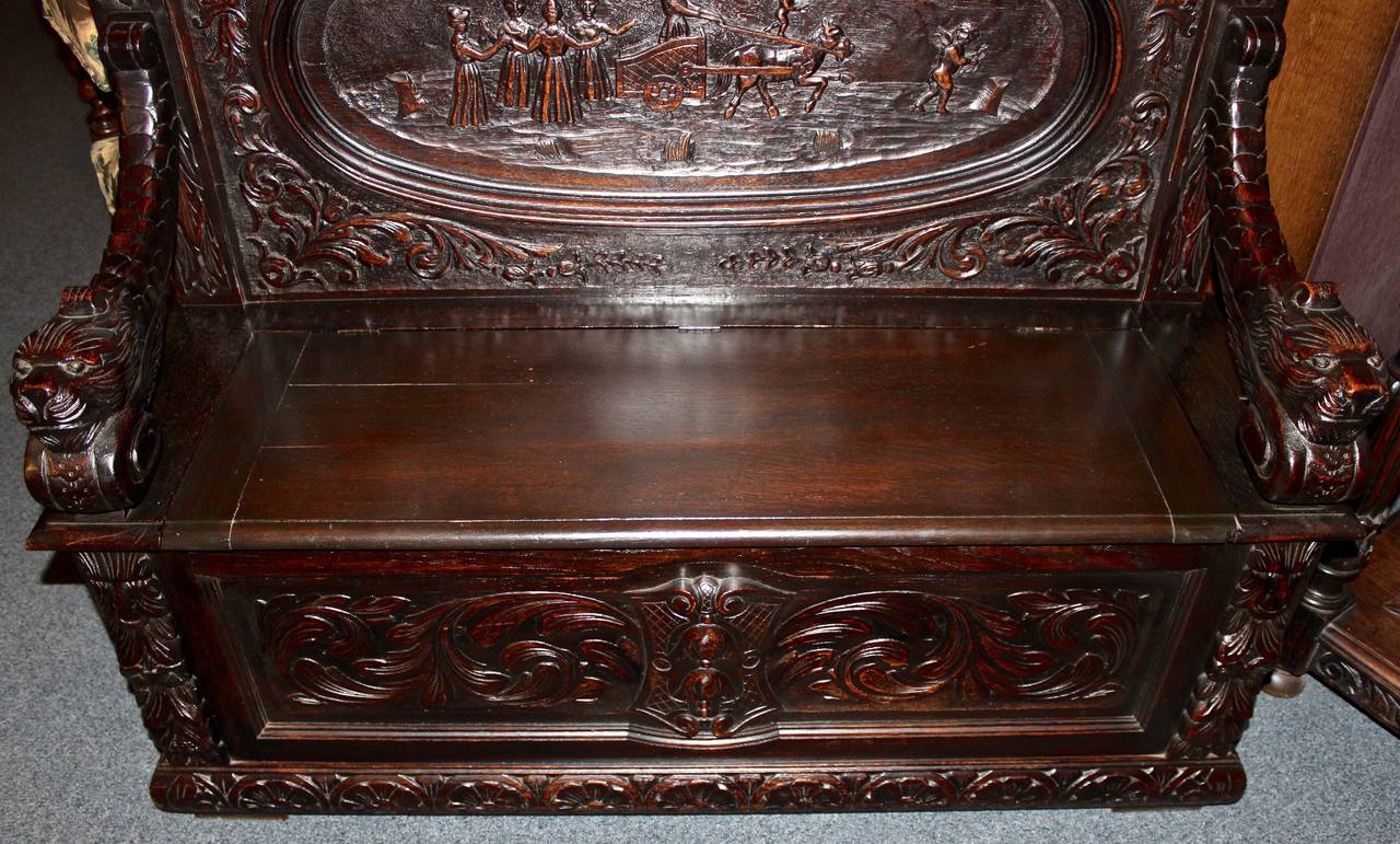 Belgian Oak Heavily Carved Hall Bench For Sale 1