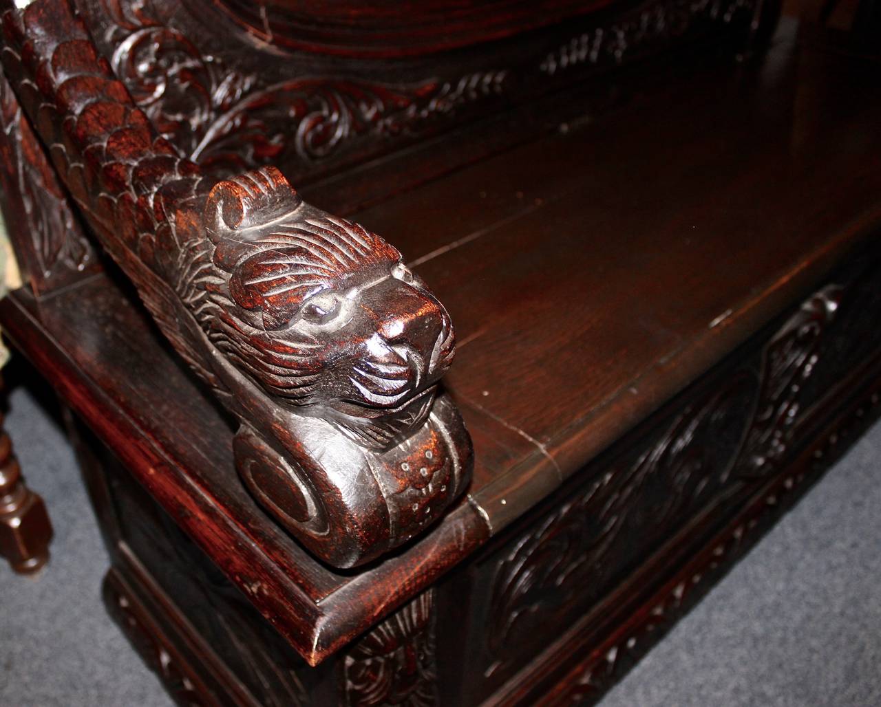 Belgian Oak Heavily Carved Hall Bench For Sale 3