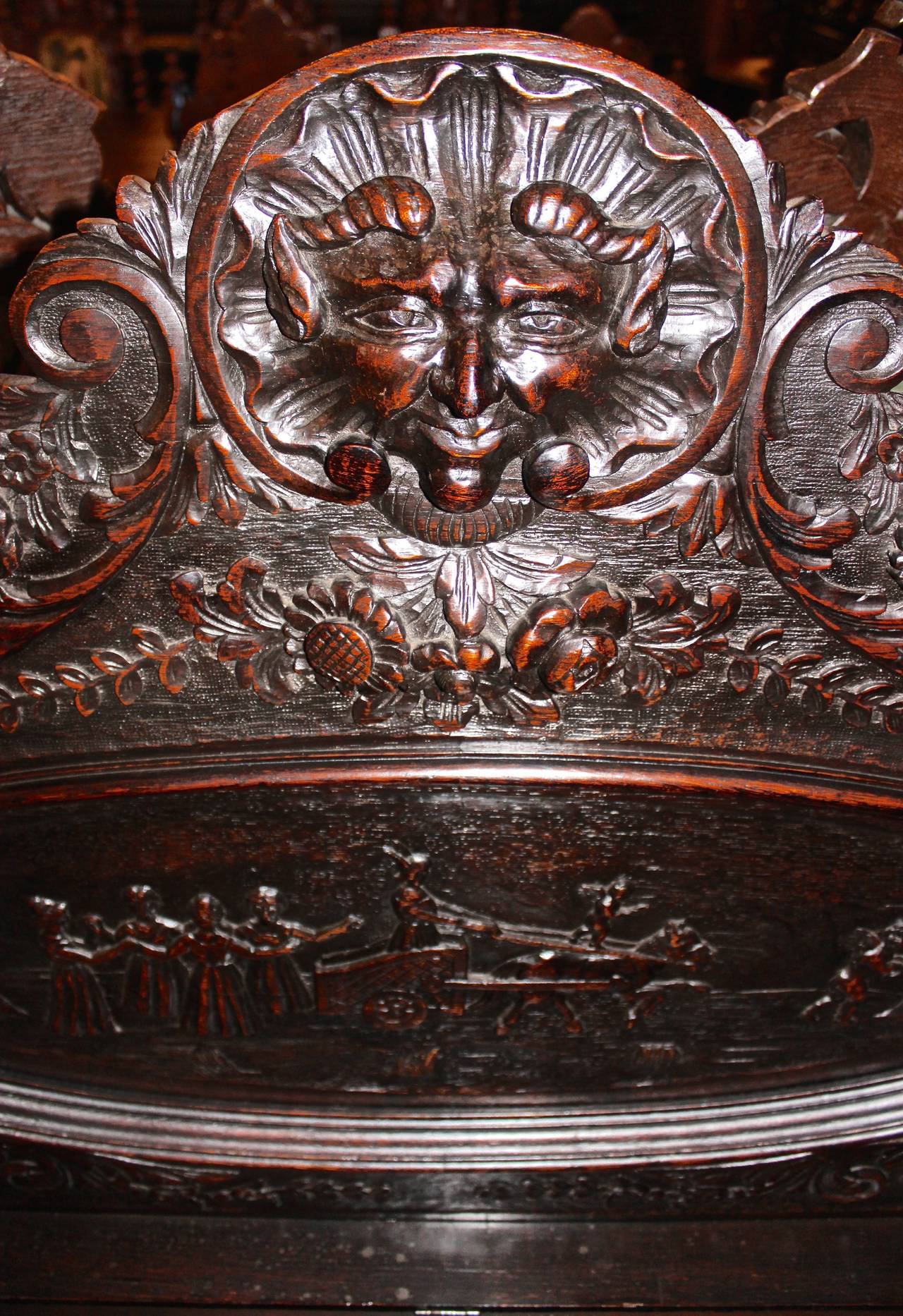 Belgian Oak Heavily Carved Hall Bench In Good Condition For Sale In Santa Ana, CA