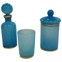 Vintage Three-Piece French Blue Opaline Dresser Set
