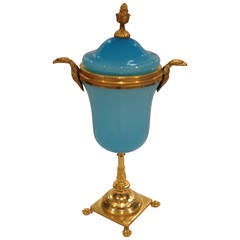 French Blue Opaline Glass Covered Urn