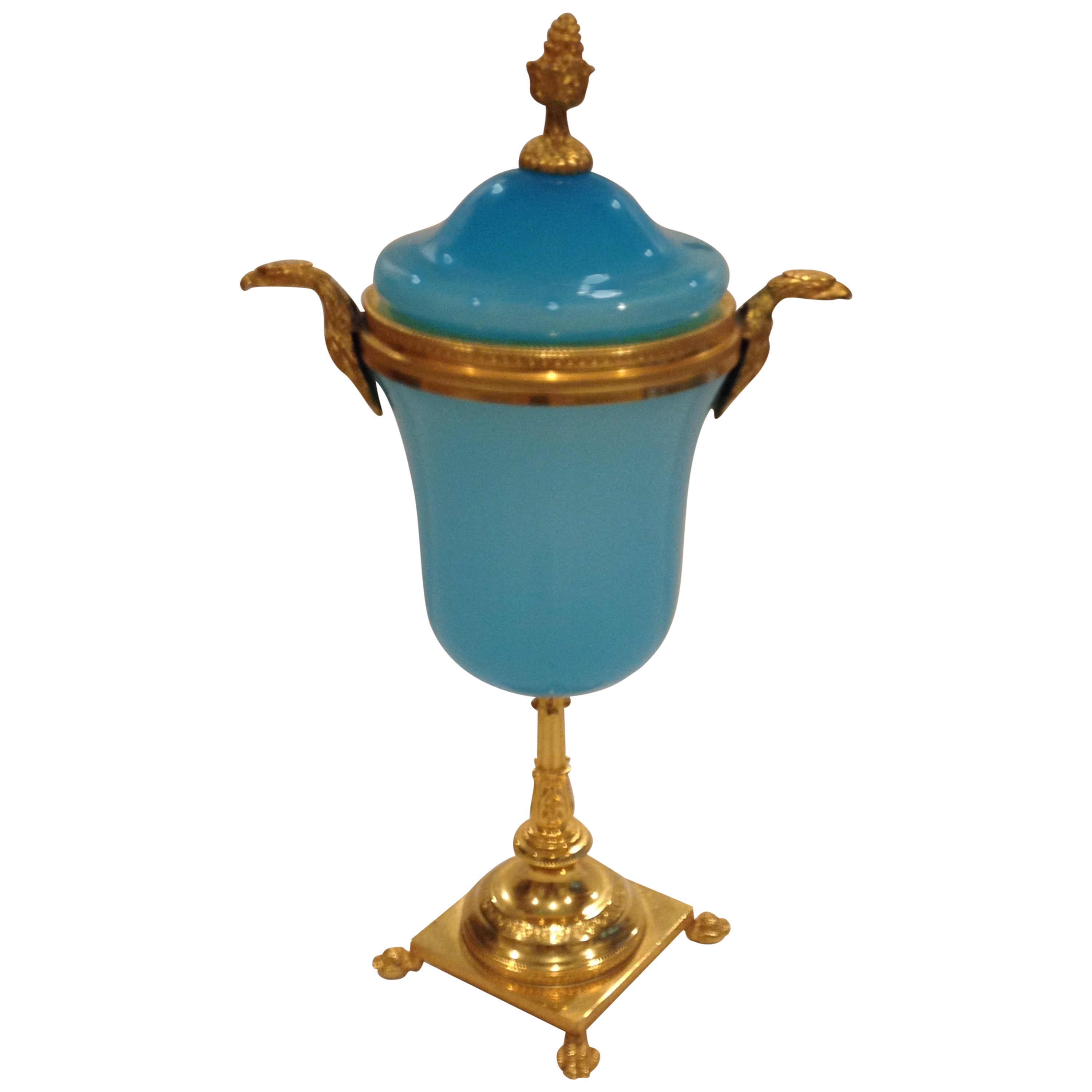 French Blue Opaline Glass Covered Urn