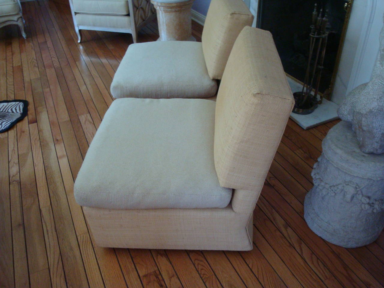 Pair of vintage Billy Baldwin raffia slipper chairs from 1950s in original upholstery 
for LCS inc.